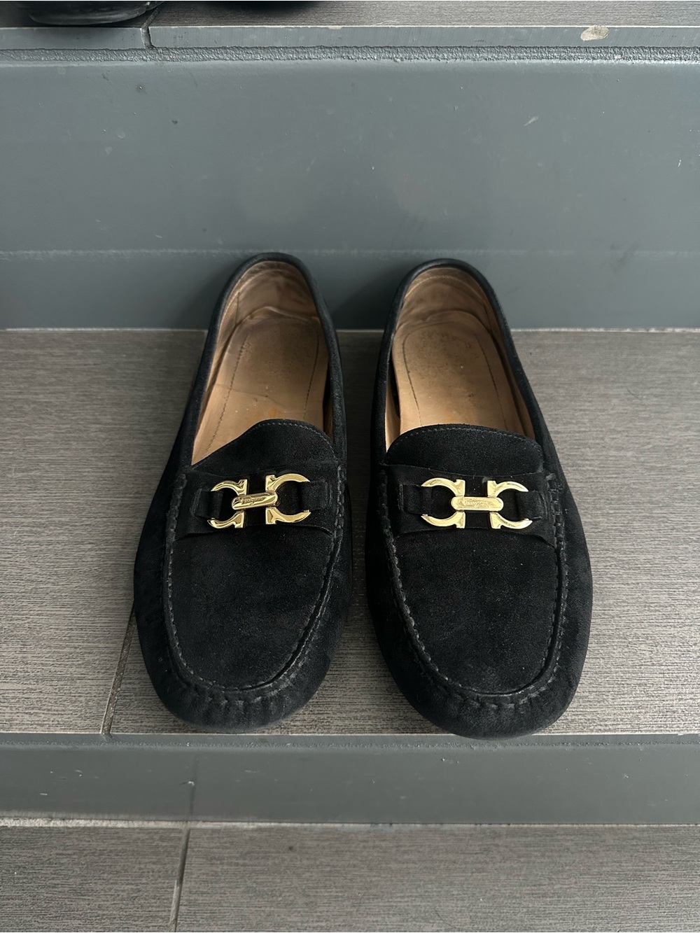 Salvatore Ferragamo Black Suede Women’s Slip-On Loafers Gold-Tone Bit Size 10